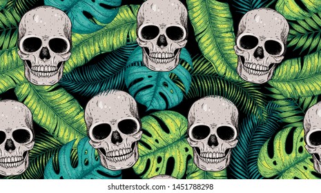 Skull and palm leaves seamless pattern. Hand drawn vector illustration. Fabric design template. Skull background. Tropical vector illustration.