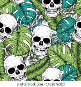 Skull and palm leaves seamless pattern. Hand drawn vector illustration. Fabric design template. Skull background. Tropical vector illustration.