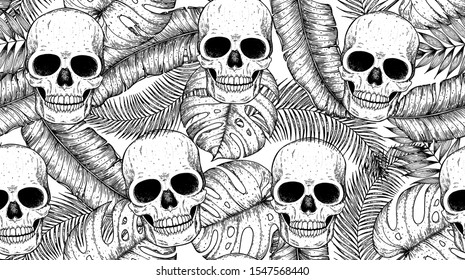 Skull and palm leaves seamless pattern. Hand drawn vector illustration. Fabric design template. Skull background. Tropical vector illustration