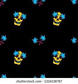 Skull palm tree color patern black background