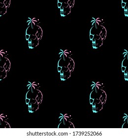 SKULL WITH PALM TREE NEON SEAMLESS PATTERN BLACK BACKGROUND