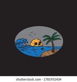 Skull and palm tree on the beach. t-shirt graphics, vectors, hand drawn