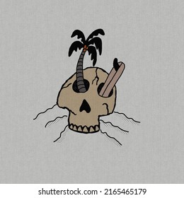 Skull with palm tree and surfboard on the ayes