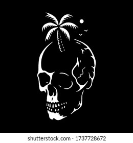 SKULL WITH PALM TREE WHITE BLACK BACKGROUND
