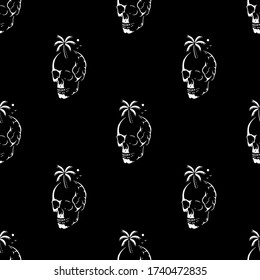 SKULL WITH PALM TREE WHITE SEAMLESS PATTERN BLACK BACKGROUND