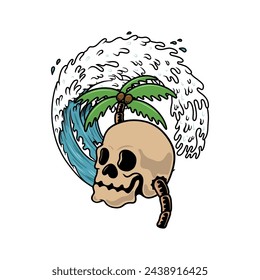 Skull with palm and wave. Design element for poster, card, banner. 