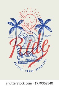 Skull palms from eyes and wave illustration with sun character surfing wave. Vintage typography summer vibes t-shirt print. Pacific ocean surfing vector illustration.