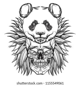 Skull with a panda mask. Outline vector illustration isolated on white background for tattoos, posters, printing on T-shirts and other items.