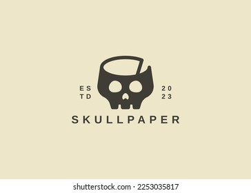 skull paper logo design, combination of document scroll with skull head symbol