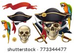 Skull and parrot. Pirate emblem. 3d vector icon set