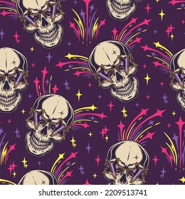 Skull Party Colorful Seamless Pattern Vintage Scary Face In Stylish Glasses For Bachelor Party Celebration Or Night Rave Vector Illustration