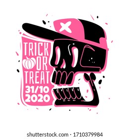 Skull party emblem for a halloween 2020. Skeleton logo. Cartoon silhouette. Two-color stamp. Vector illustration