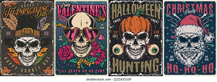 Skull party set posters vintage colorful scary heads with headings about Halloween or Christmas and thanksgiving day vector illustration