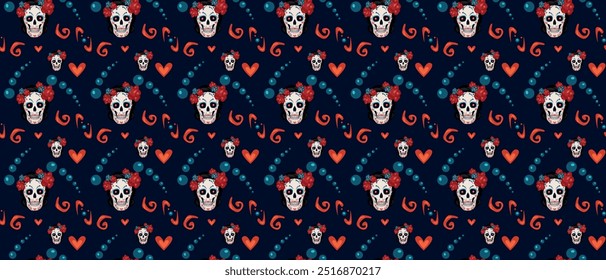 
Skull pattern. Day of the Dead in Mexico. Flower skull. Floral seamless background. Halloween seamless pattern. blue background