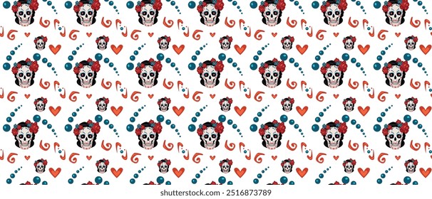 Skull pattern. Day of the Dead in Mexico. Flower skull. Floral seamless background. Halloween seamless pattern. white background