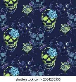 Skull pattern with flowers and snake skin texture. Seamless floral boho background for textile print.