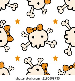 skull pattern for halloween. seamless skull pattern with orange bow and solved bones with cute in orange-black color with stars. Funny vector illustration