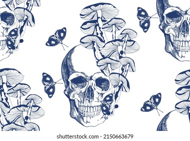 Skull pattern, mushrooms and butterflies in vintage style, blue on white