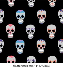 Skull pattern on a black background. Festival of the Dead, Halloween. Traditions.
