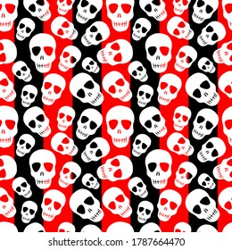 a skull pattern on a black-and-red striped background.Seamless pattern with white skulls.Design for Halloween party, printing, textiles, paper. Vector illustration