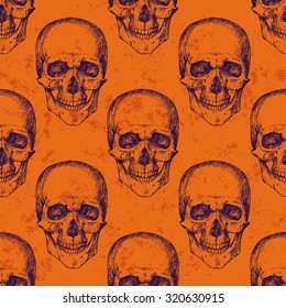 Skull pattern on orange grunge background; vector seamless pattern