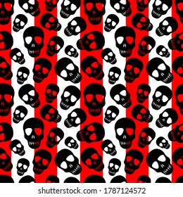 a skull pattern on a red-and-white striped background.Seamless pattern with black skulls.Halloween pattern.Design for printing, textiles, paper. Vector illustration