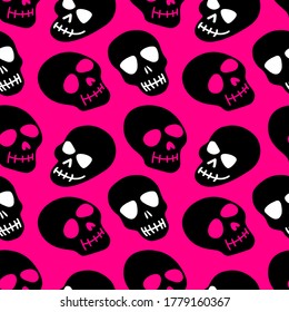 the skull pattern. Pink skulls on a black background.Vector illustration of a skull. Bright and fashionable design for Halloween, Day of the dead, tattoos, prints, post