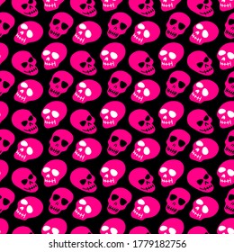 The skull pattern. Pink skulls on a black background.Vector illustration of a skull. Bright and fashionable design for Halloween, Day of the dead