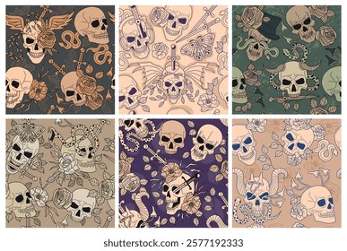 Skull pattern. Seamless background with creepy head skull recent vector template