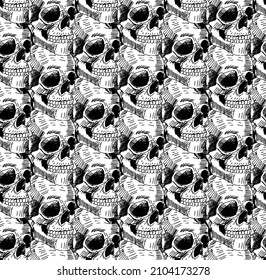 Skull pattern seamless. Hand drawing Skeleton head background. Death texture. Skulls ornament