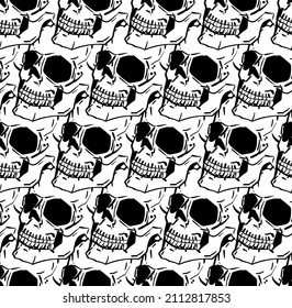 Skull pattern seamless. Hand drawing Skeleton head background. Death texture. Skulls ornament