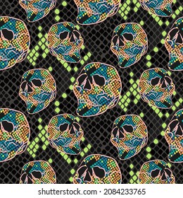 Skull pattern with snake skin texture. Seamless neon dark grunge boho background for textile print.