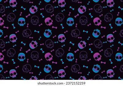 skull pattern with some colorful skeletons, with some vibrant colors ideal for fabrics, backgrounds for websites, backgrounds etc, black background color and with some bones in vibrant colors
