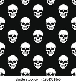 Skull pattern vector seamless black background, trendy print.