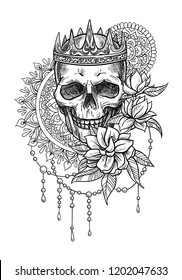 Skull in patterns and flowers in a crown