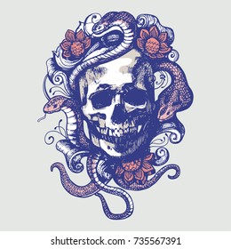  Skull with patterns, flowers and snakes. Vector illustration in grunge style