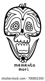 Skull with patterns. Memento mori. Monochrome ink drawing with tribal patterns. Zenart.