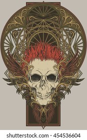 skull with patterns wings and feathers