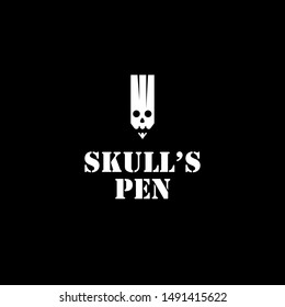 Skull pen logo design. Black isolated background. Minimalistic logo design. Creative logo. Beautiful and simple element