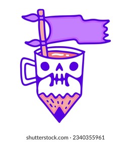 Skull, pencil, mug, and flag, illustration for t-shirt, sticker, or apparel merchandise. With doodle, retro, and cartoon style.