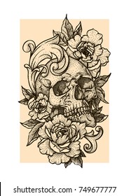 Skull with peonies or roses flowers, fretwork. Hand drawn vintage vector Dotwork Illustration. Graphic sketch for tattoo, poster, clothes, t-shirt design, pins, badges, stickers and coloring book