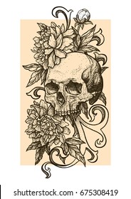 Skull with peonies or roses flowers. Hand drawn vintage vector Dotwork Illustration. Graphic sketch for tattoo, poster, clothes, t-shirt design, pins, badges, stickers and coloring book