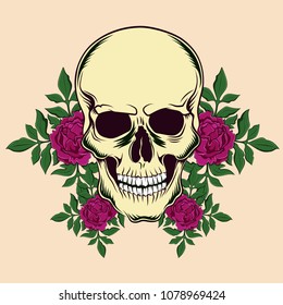 Skull with peonies. Vintage vector illustration on a beige background