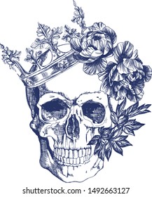 Calavera con flores de peón en un cartón. Azul sobre un fondo blanco. Impresión gráfica tipográfica, diseño moderno para tela, embalaje, papel pintado.
