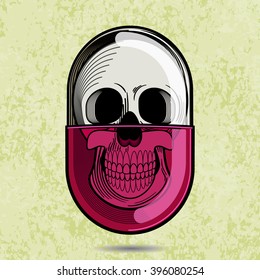 Skull pill capsule with the scull inside the clear capsule in dark line & flat color art with a textured background & a shadow underneath