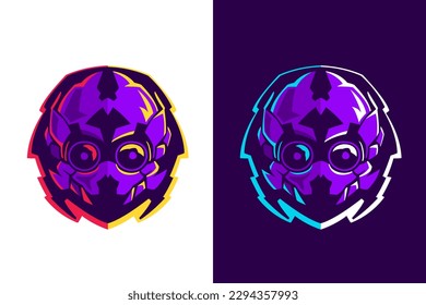 Skull in pilot, astronaut or alien helmet. Esports gaming high detailed logos set. Violet bones with vivid lights. Gamer sport team mascot design. Vector for horror genre, racing, or flight badge.