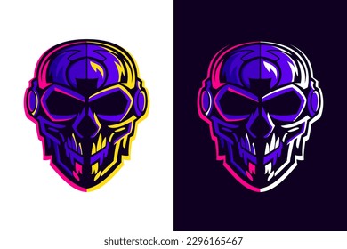Skull in pilot, astronaut or alien helmet. Esports gaming high detailed logos set. Violet bones with vivid lights. Gamer sport team mascot design. Vector for horror genre, racing, or flight badge.