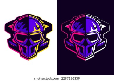 Skull in pilot, astronaut or alien helmet. Esports gaming high detailed logos set. Violet bones with vivid lights. Gamer sport team mascot design. Vector for horror genre, racing, or flight badge.