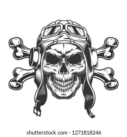 Skull in pilot helmet and goggles with crossbones in vintage monochrome style isolated vector illustration