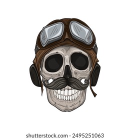 Calavera con casco piloto, Ilustración vectorial de estilo retro